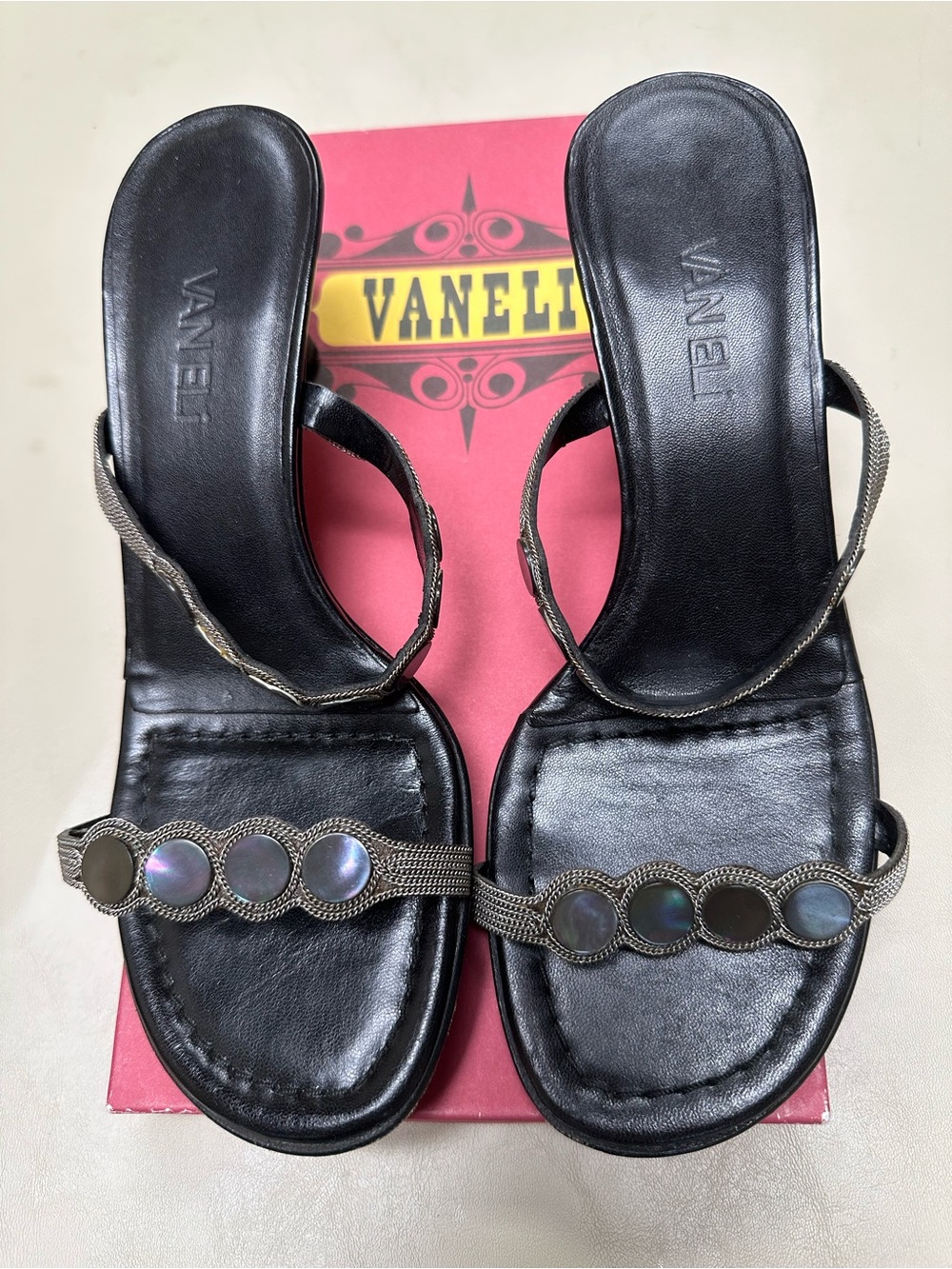 Vaneli Black Leather Slide Mules with Iridescent Disc Accents